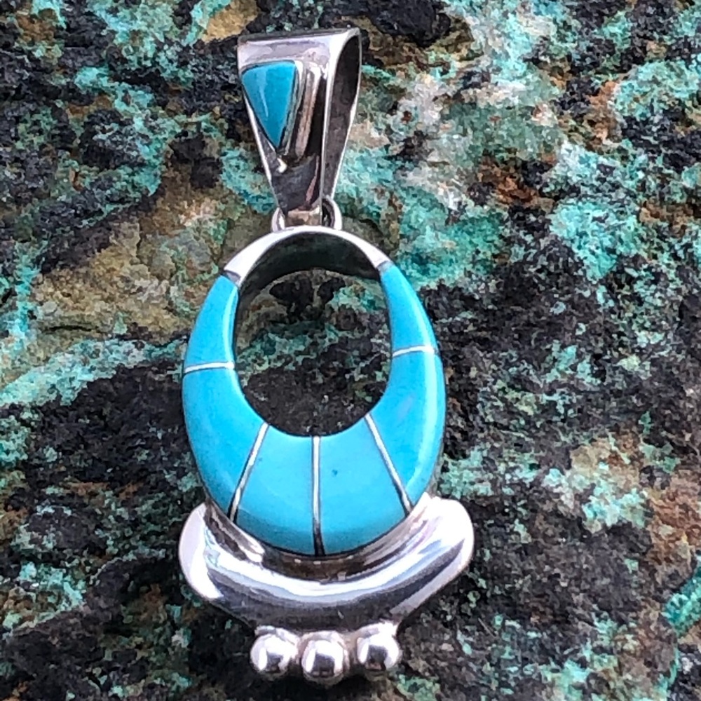 Zuni Inlaid Oval Turquoise Silver Pendant